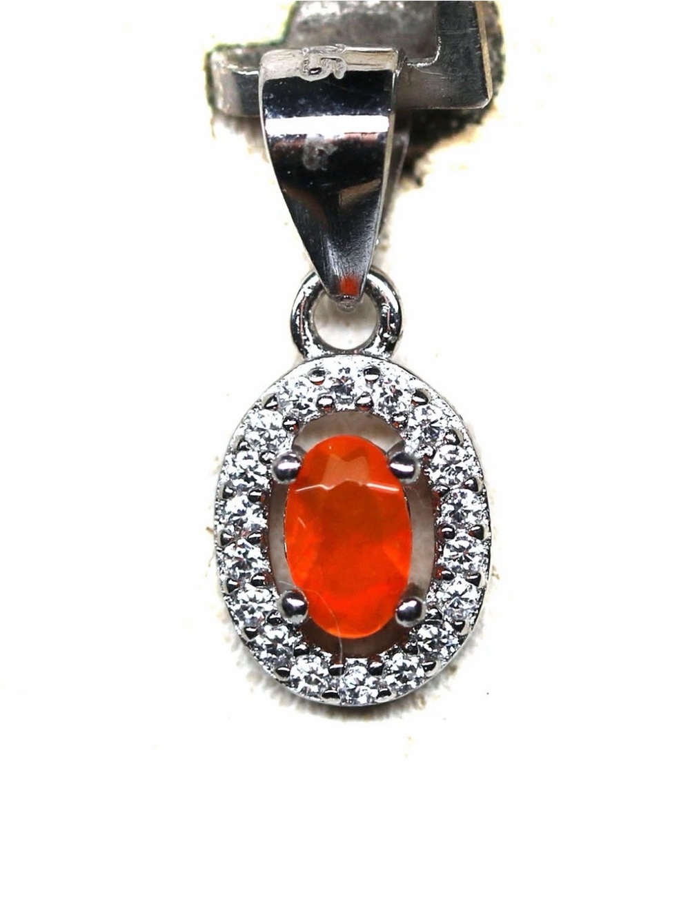 Amazing Natural Orange Fire Opal 5x3mm with Zircon Halo Pendant Necklace 18”